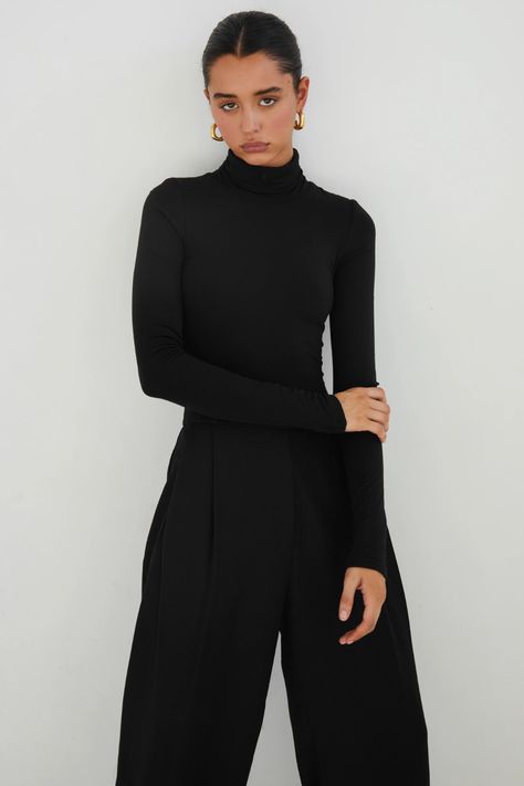 Permanent Wardrobe London Chic, Black Turtleneck Dress, Modal Fabric, Turtleneck Long Sleeve, Split Dress, Sleeveless Bodysuit, Turtle Neck Dress, Knitwear Tops, Dress Trousers