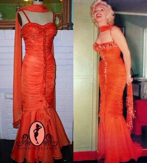 Marilyn Monroe "Gentlemen Prefer Blondes" 1953 Marilyn Monroe Orange Dress, Marilyn Outfits, Marilyn Monroe Orange, Marilyn Monroe Dress, Monroe Dress, Classic Hollywood Glamour, Marilyn Monroe Fashion, Orange Chiffon, Mermaid Evening Gown