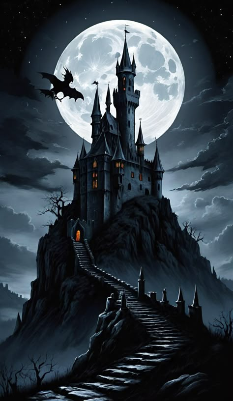 Haunted Castle Drawing, Dracula Mansion, Spooky Castle Illustration, Mansion Concept Art, Scary Castle, Haunted House Pictures, Witch Castle, Spooky Castle, Victorian Castle