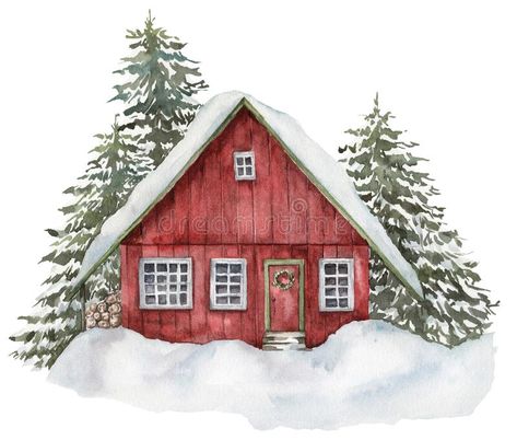 Christmas Cabin, Winter Cabin, Red House, Watercolor Christmas, Fabric Panel, Watercolor Drawing, Watercolor Painting, Deer, Cabin