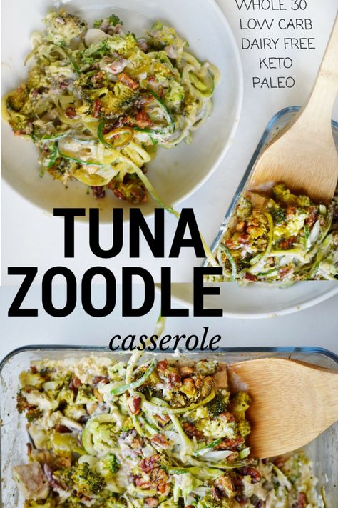 whole30 low carb paleo tuna noodle casserole! dairy free, creamy and delicious! Paleo Tuna, Zoodle Casserole, Mains Recipes, Dairy Free Keto, Keto Tuna, Keto Casserole Recipes, Keto Seafood, Tuna Noodle, Tuna Noodle Casserole