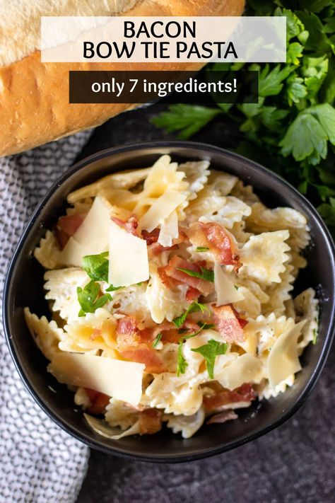 Creamy Bow Tie Pasta with bacon is simple comfort food that is easy to customize with grilled chicken, veggies, or delicious as is. With only seven ingredients and 30 minutes, you can have a family favorite on the table. | www.persnicketyplates.com Bow Tie Pasta Recipes, Creamy Bow Tie Pasta, Pasta Recipes Healthy, Bow Tie Pasta Recipe, Bacon Pasta Recipes, Pasta With Bacon, Ground Beef Pasta Recipes, Bowtie Pasta Salad, Bow Tie Pasta