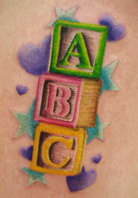 Tattoo idea Abc Blocks Tattoo, Blocks Tattoo, Pleaded Skirts, Block Tattoo, Abc Block, Baby Building Blocks, Tattoo Free, Baby Tattoo, Abc Blocks