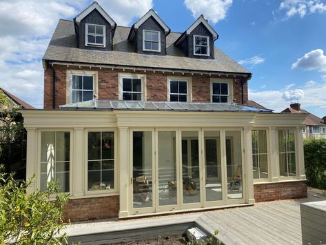 Kitchen In Orangery, Orangery Kitchen Extension, Orangery Kitchen, Orangery Extension Kitchen, Oak Extension, Hampton Style House, Joinery Woodworking, Tom Howley Kitchens, Kitchen Orangery