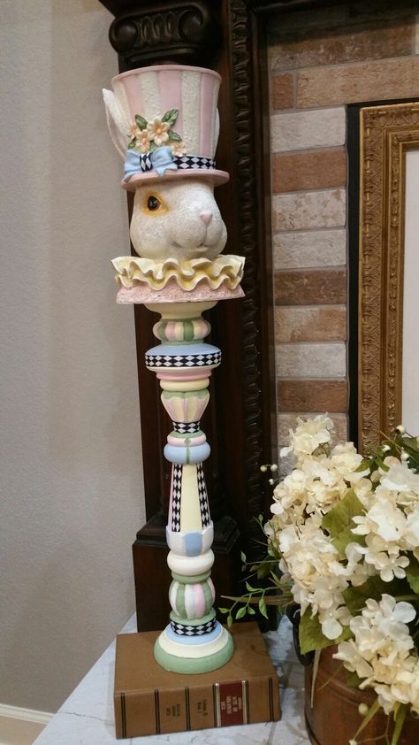 Candle Stick Easter Bunny Preschool Easter Basket, Whimsical Candle Holder, Classy Easter Decor, Gothic Homemaking, Repurposed Candle Sticks, Spindle Ideas, Mckenzie Childs Candle Holders, Easter Bunny Activities, Easter Candle Holders