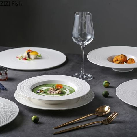 White Ceramic Dinner Plate Hotel Restaurant Exquisite Dishes Decoration Plate Steak Dessert Plate Home Kitchen Round Tableware _ - AliExpress Mobile Restaurant Plates Ideas Dishes, Dishes Decoration, Tableware Setting, Restaurant Dinnerware, Dinner Light, Restaurant Tableware, Restaurant Table Setting, Restaurant Plates, Western Dishes