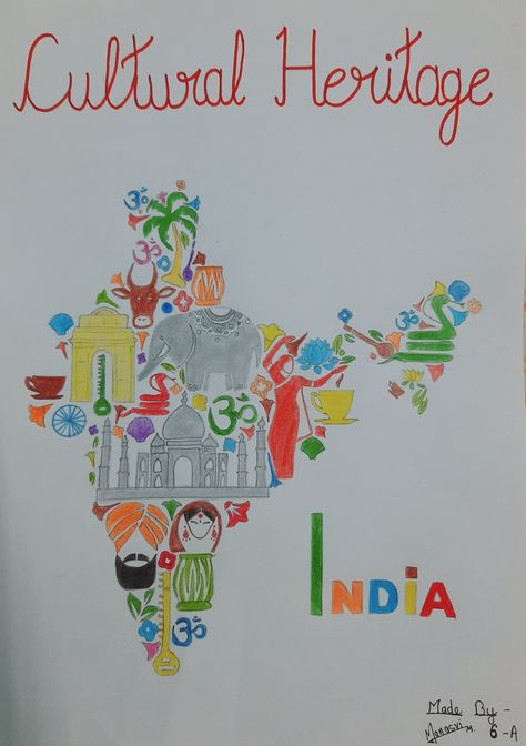 India Culture Heritage drawing unity of India India's Culture and Heritage drawing India Map Creative Art, India Heritage Drawing, Indian Culture Poster Drawing, Cultural Heritage Of India Poster, Art And Culture Of India Drawing, India Culture Drawings, Culture And Heritage Of India Drawing, India Drawings Ideas, Poster On Indian Culture