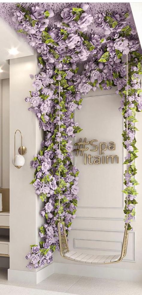 Lavender Salon Ideas, Lilac Salon Decor, Spa Accent Wall, Purple Nail Salon Decor, Lavender Salon Decor, Lavender Esthetician Room, Purple Salon Decor Ideas, Salon Interior Design Purple, Purple Facial Room