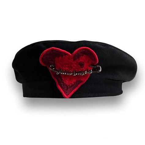 Elegant Black Heart Beret Add a touch of elegance to your outfit with our Elegant Black Heart Beret. Made with high-quality materials, this beret features a stunning black heart design, perfect for any occasion. Stay stylish and warm with this must-have accessory. Size:56-58cm/ 22.0-22.8 inMaterial:?Cotton, Polyester Red Hat Aesthetic, Beret Men, Beret Women, Lizzie Hearts, Hat Aesthetic, Retro Love, Painter Hat, Love Stitch, New Retro