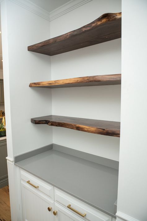 Live Edge Pantry Shelves, Live Edge Built In Shelves, Wood Shelf Ideas Living Room, Walnut Shelves Living Room, Floating Shelf Bookcase, Live Edge Kitchen Shelves, Live Edge Shelves Living Room, Live Edge Shelves Kitchen, Live Edge Bookshelf