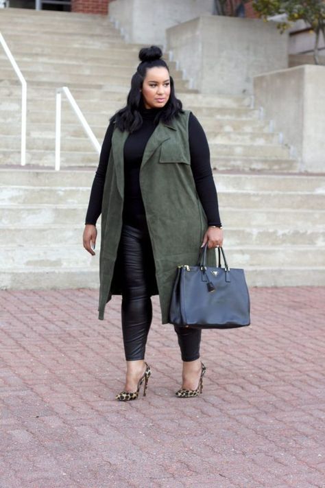 Fall Feels & Luxe Textures Plus Size Winter Outfits, Leather Leggings Outfit, Plus Size Looks, Plus Size Fall Fashion, Plus Size Fall Outfit, Look Plus Size, Plus Size Fall, Plus Size Winter, Green Vest