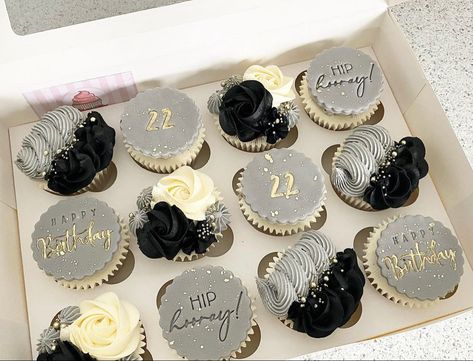 Manly Cupcakes Ideas For Men, Black And White Cupcakes Birthday, Black White And Silver Cupcakes, Masculine Cupcakes Ideas, Black And Silver Cupcakes Ideas, Silver Cupcakes Ideas, Men’s Cupcakes, 30th Birthday Cupcakes For Men, Black Cupcakes Birthday