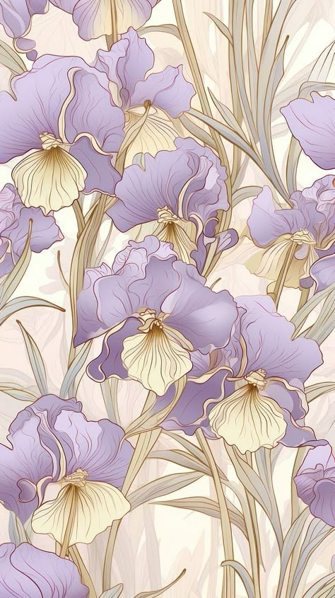 Iris flower pattern plant art. AI generated Image by rawpixel. | premium image by rawpixel.com / Jennifer Claesson Iris Wallpaper Iphone, Iphone Wallpaper Lilac, Lilac Phone Wallpaper, Lilac Iphone Wallpaper, Iris Wallpaper, Lilac Iphone, Lilac Pattern, Iris Pattern, Art Nouveau Wallpaper