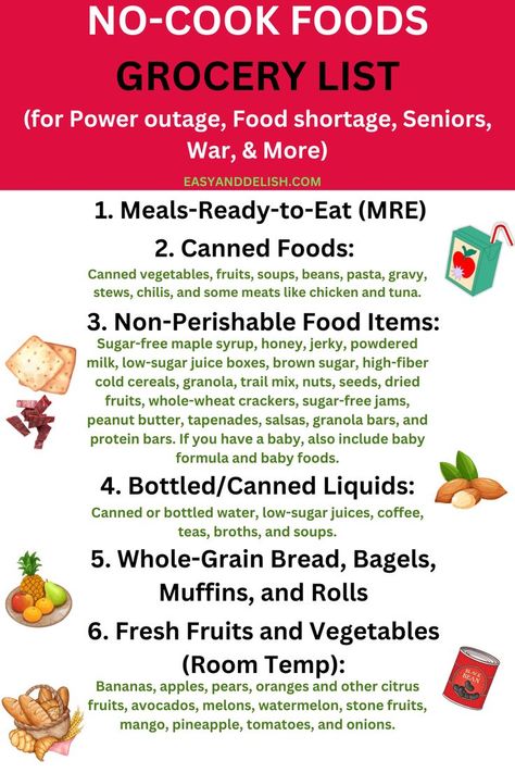 Get this No-Cook Foods Grocery List to buy and stock in case of power outages, food shortages, war, if you are a senior, or simply to not cook at summertime. This is a life saver! Meals For Breakfast, Emergency Preparedness Items, Survival Skills Emergency Preparedness, Whole Wheat Crackers, Non Perishable Foods, Emergency Preparedness Food, Sugar Free Jam, Non Perishable, Sugar Free Maple Syrup