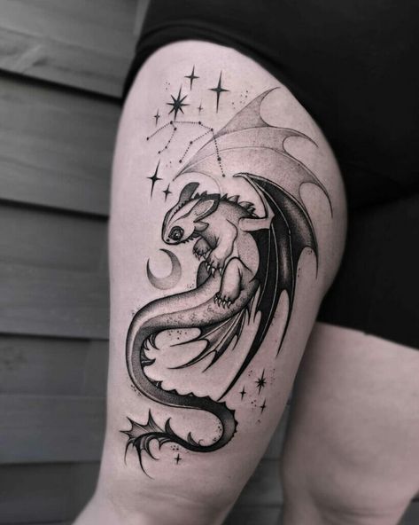 Toothless Dragon Tattoo, Toothless Tattoo, Tatuaje Trash Polka, Belle Tattoo, Pikachu Tattoo, Dragon Tattoo Ideas, Small Dragon Tattoos, Brush Tattoo, Fantasy Tattoos