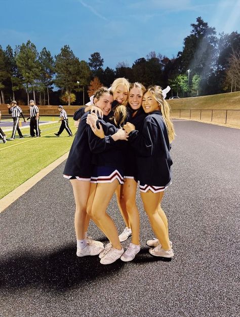 Stunt Group Pictures, Football Game Cheer Pictures, Football Cheer Pictures, School Cheer Aesthetic, Cheer Group Pictures, High School Cheer Pictures, High School Cheerleader Aesthetic, Cheer Poses With Friends, Highschool Cheer