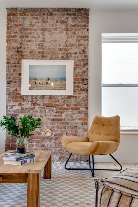 Exposed Brick Apartment, Detroit Apartment, Brick Wall Living Room, Brick Wall Decor, Brick Living Room, Interior Brick, Brick Interior Wall, Condo Apartment, Brick Interior