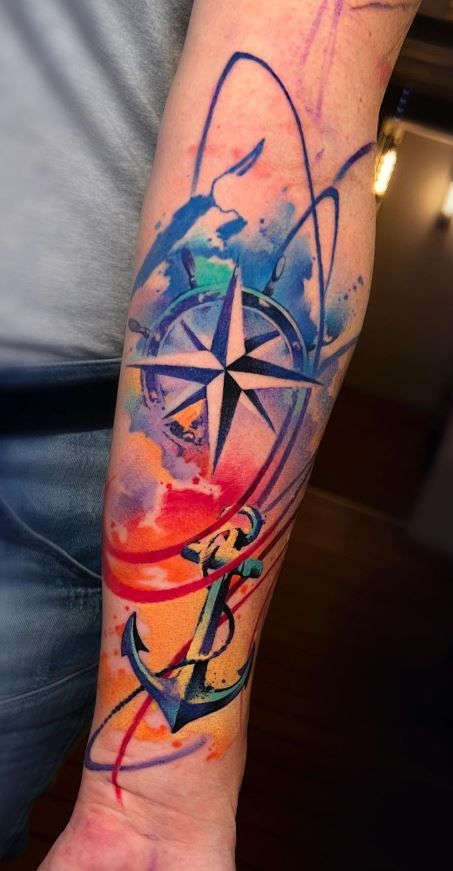 Watercolor Compass Tattoo, Watercolor Anchor, Anchor Tattoo Design, Compass Tattoo Design, Anchor Tattoo, Compass Tattoo, Color Tattoo, Tattoo Design, Hand Tattoos