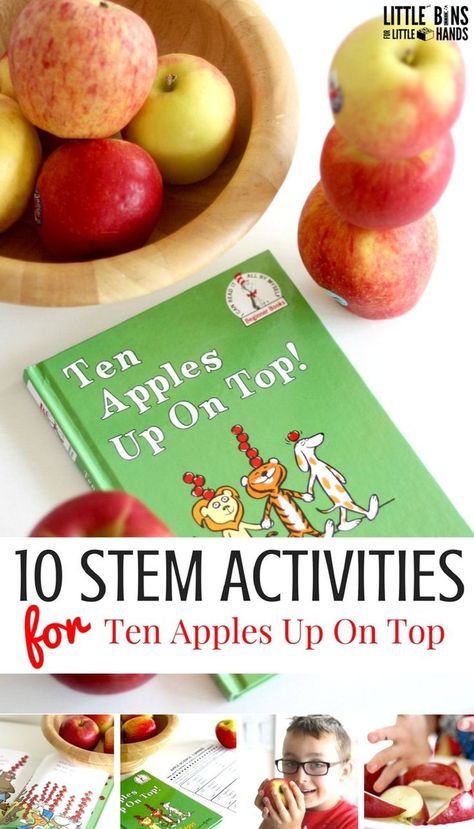 Ten Apples Up On Top 10 Real Apple STEM Activities for Kids Apple Stem Activities, Dr. Suess, Ten Apples Up On Top, Fall Stem Activities, Apple Kindergarten, Kindergarten Stem, Fall Science, Apple Preschool, Preschool Stem