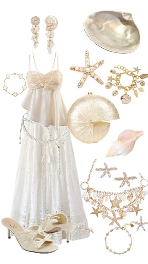 Cream mermaid outfit sea underwater mermaid shiny seashells Delicate Clothes Aesthetic, Sea Shell Tops, Coachella Beach Outfit, Mermaid Aesthetic Fashion, Ethereal Siren Outfit, Mermaid Core Fits, Underwater Theme Outfit, Ocean Party Outfit, Under The Sea Theme Dress