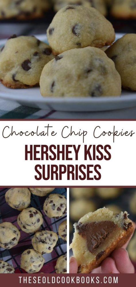 Chocolate Chip Hershey Kiss Cookies - These Old Cookbooks Hershey Kiss Shortbread Cookies, Chocolate Kisses Recipes, Herseys Chocolate Kiss Cookies, What To Do With Hershey Kisses, Hershey’s Kiss Cookies, Hershey Chocolate Recipes, Hersheys Kisses Recipes, Hershey Kiss Cookies Recipe Easy, Hershey Kiss Surprise Cookies