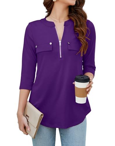 Dressy Tunic Tops, Purple Work, Shirt With Zipper, Tunic Shirts, Tunic Tops For Leggings, Business Casual Blouse, Casual Blouse Shirts, Business Casual Top, Flowy Tunic