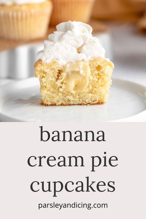 Banana Cream Filled Cupcakes, Banana Filled Cupcakes, Banana Cream Filling For Cake, Cream Filled Cupcakes Easy, Easy To Transport Desserts, Banana Cream Pie Filling, Cupcake Filling Ideas, Filled Cupcake Recipes, Banana Cupcake Recipe