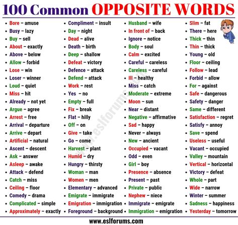 Learn 100 Common Opposite Words in English - ESL Forums Opposite Words For Kids, English Antonyms, Opposite Words List, English Opposite Words, Opposite Words, Teaching English Grammar, English Learning Spoken, Learn English Grammar, English Writing Skills