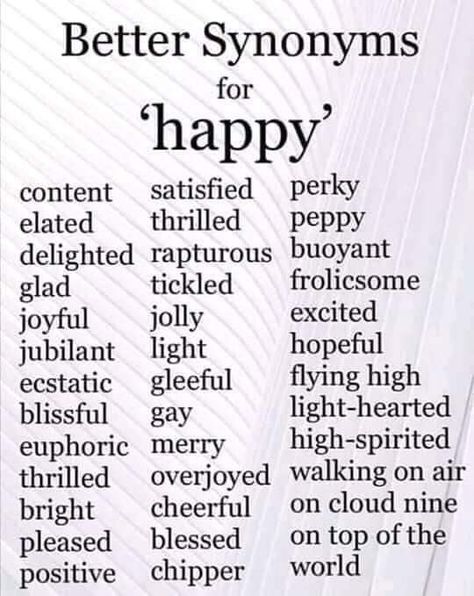 Synonyms of happy word for daily life. Other Words For Happy, Better Synonyms, Writing Improvement, Writing Expressions, Word Ideas, Educational Tips, Writing Dialogue Prompts, Essay Writing Skills, Writing Motivation