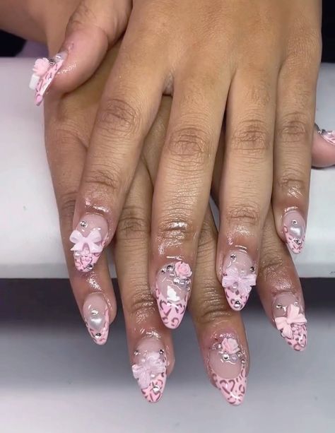 Pink Cheetah Print Nails, Pink Cheetah Nails, Pink Bling Nails, Pop Nails, Sanrio Aesthetic, Cheetah Print Nails, Sweet Nails, Nails 2017, Acrylic Pink