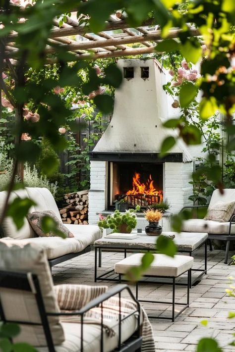 Outdoor Fireplace - Warm Up Your Patio Mantel with These Ideas Pergola Patio Fireplace, Garden With Fireplace, Outdoor Fireplace Mantel, Redo Backyard, Fireplace Ideas Outdoor, Fireplace Mantel Ideas, Rustic Outdoor Fireplaces, Porch With Fireplace, Elegant Mantel