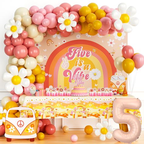 PRICES MAY VARY. 【GROOVY BRIGHT 5TH BIG DAY】🌼 Celebrate this wonderful day with a trendy and cute party! Orange and pink, with lovely daisy create a warm atmosphere. This boho decoration is perfect for your little sweetie’s birthday party and a fun way to make a difference for everyone involved! 【FIVE IS A VIBE BIRTHDAY PARTY DECORATIONS GIRL SET】🧡 80 x 12’’ latex balloons, 40 x 5’’ latex balloons, 6 x daisy foil balloons, 1 x number ‘5’ foil balloon, 1 x ‘Five is a Vibe’ backdrop, 1 x tablecl 5 Is A Vibe Birthday Party Decor, Birthday Party 5 Girl, Eight Is A Vibe Birthday, Five Year Old Birthday Party Ideas Girl, Five Is A Vibe Birthday Cake, 5 Is A Vibe Birthday Party, Five Is A Vibe Birthday Party, 5th Birthday Ideas For Girls Themes, Vibe Birthday Party