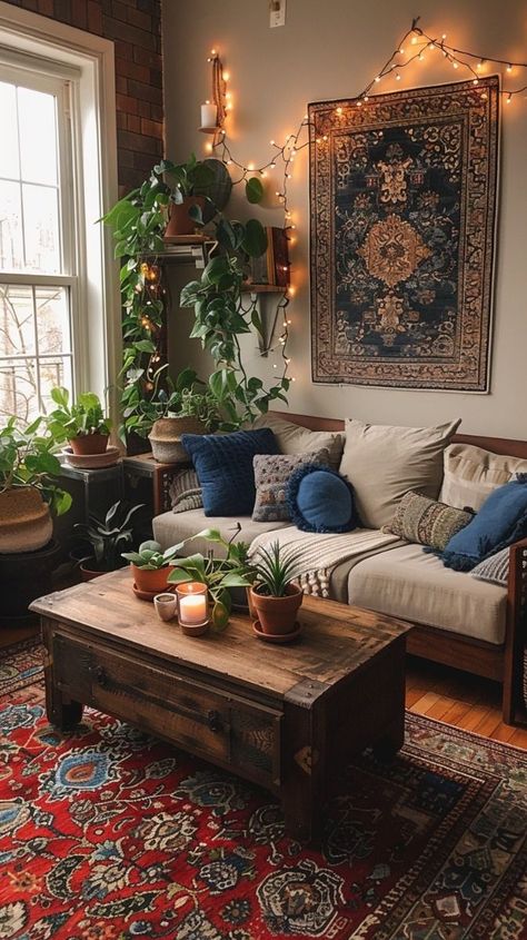 Boho Cozy Living Room Vintage, Living Room Decor Eclectic Boho Chic, Comfy Formal Living Room, Cozy Beach House Living Room, Tiny Apartment Living Room Ideas, Comfy Eclectic Living Room, Cozy Living Room Plants, Boho Basement Living Room, Warm Eclectic Living Room