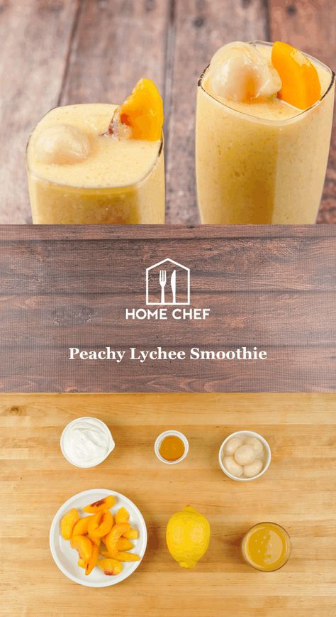 Lychees are small tropical fruits with delicate white flesh possessing a fragrant, floral bouquet. Partner these culinary gems with good 'ol American peaches, and you have a match made in heaven, or as we call it, our test kitchen. Let this smoothie shine its wondrous light upon you, and be blessed with celestial flavor. Lychee Smoothie, Homechef Recipes, Strawberry Colada, Greek Yogurt Smoothie, Honey Smoothie, Park Ideas, Coconut Smoothie, Healthier Food, Smoothie Blender