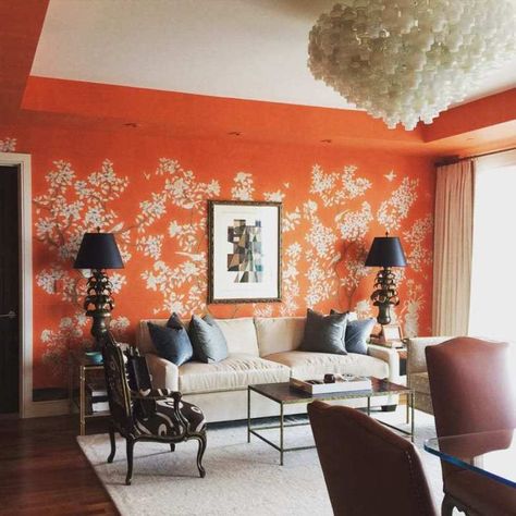 50 Fabulous Orange Rooms! - The Glam Pad Orange Wallpaper Living Room, Orange Color Wallpaper, Best Living Room Wallpaper, Decorating With Orange, Twin Rooms, Burnt Orange Living Room, Stenciled Walls, Rain Room, Orange Inspiration