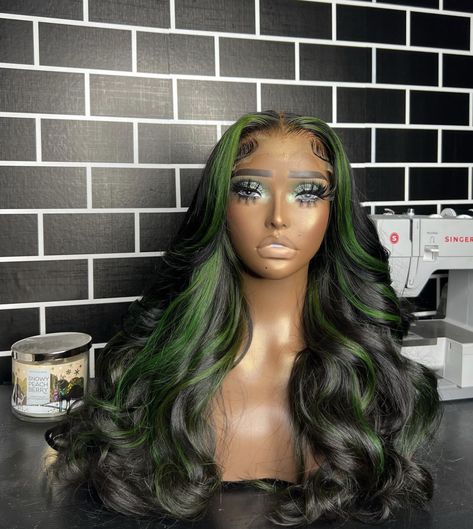 Sew In With Green Highlights, Ombré Green Hair, Unique Wigs, Diy Hair Wig, Butterfly Heels, Natural Braided Hairstyles, Frontal Wig Hairstyles, Wig Ideas, Creative Hair Color