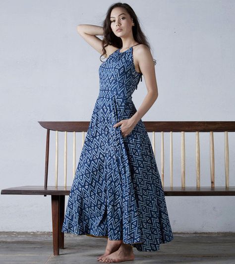 Indigo block-printed racer back gown by KharaKapas on Etsy Classic Wear, Casual Frocks, Frock Fashion, Long Frock, Sari Dress, Salwar Designs, Frock For Women, Casual Indian Fashion, Long Kurti Designs