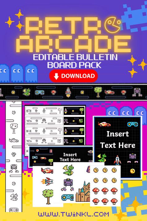 Retro Arcade Theme Editable Bulletin Board Pack Geometry Math Games, Arcade Theme, Social Emotional Health, Sight Word Spelling, Poster Edit, Family Communication, Technology Theme, States And Capitals, Work Music