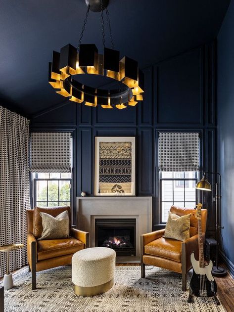 Navy Blue Rooms, Dark Blue Living Room, Navy Blue Living Room, Dark Blue Walls, Blue Ceilings, Navy Walls, Navy Blue Walls, Living Room Renovation, Leather Chairs