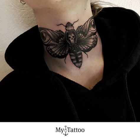 Skull Moth Neck Tattoo, Throat Moth Tattoo, Meaningful Throat Tattoos Women, Moth On Neck Tattoo, Neck Moth Tattoo, Moth Throat Tattoos Women, Bug Neck Tattoo, Gothic Throat Tattoo, Dragonfly Throat Tattoo