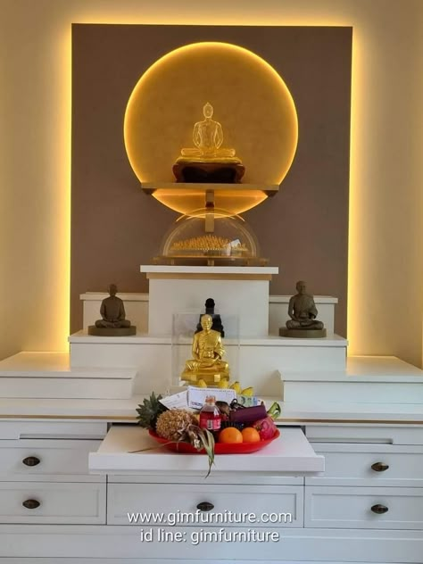 Buddha Temple Design For Home, Buddha Room Design Modern, Buddha Altar Design, Chinese Altar Design, Buddha Room Design, Chinese House Design, Pooja Room Ideas Indian, Buddha Room, Meditation Room Design