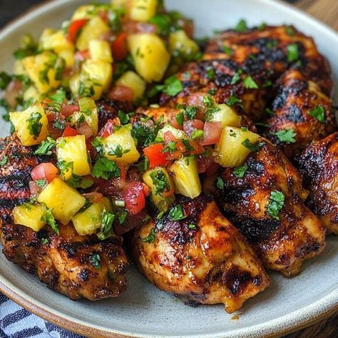 Jerk Chicken with Pineapple Salsa: A Tropical Twist - NewsBreak Jerk Chicken With Pineapple Salsa, Jerk Chicken With Pineapple, Chicken With Pineapple Salsa, Jerk Chicken Marinade, Chicken With Pineapple, Vegetarian Roast, Bbq Chicken Breast, Salmon Rice Bowl, Roasted Red Pepper Soup