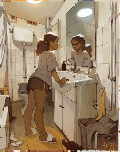 Loish Art, Bathroom Illustration, Bathroom Drawing, Mirror Illustration, Mirror Drawings, Persona Anime, My Art Style, Art Style Inspo, Ap Art