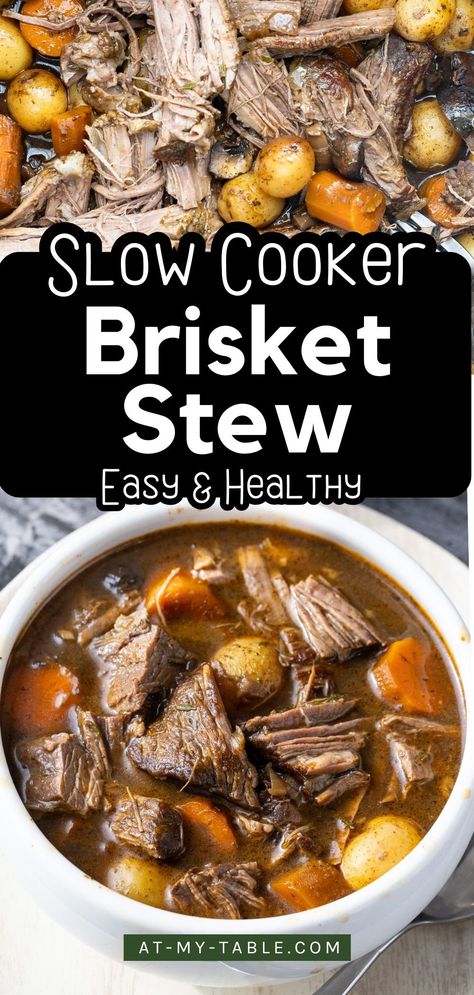 Make dinner easy with this slow cooker beef brisket stew! Featuring fall-apart tender brisket, hearty veggies, and a rich, savory broth, this recipe is perfect for busy families. Gluten-free and full of comforting flavors, it’s a family meal that’s easy to prepare and impossible to resist. Beef Brisket Stew, Brisket Stew, Beef Brisket Slow Cooker, Slow Cooker Brisket Recipes, Slow Cooker Beef Brisket, Slow Cooked Beef Brisket, Slow Cooker Recipes Beef Stew, Tender Brisket, Slow Cooker Brisket