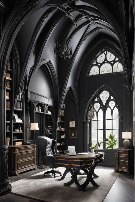 Step into the mystique of Gothic Arch (2047-10) with Midnight Archways and Top Paint 2024 for an interior designer's daily routine filled with elegant drama. #Ad #homedecor #homedesign #trendgirlApartment #Painthome #interiorarchitecture Wall Colors Green Room Colors Bright Room office Colors Apartment Renovation Home office Remodeling Modern Paint Colors 2024 Gothic Architecture Interior Design, Gothic Interior Design Modern, Modern Gothic Interior Design, Modern Gothic Interior, Spooky Office, Gothic Architecture Interior, Paint 2024, Green Room Colors, Paint Colors 2024