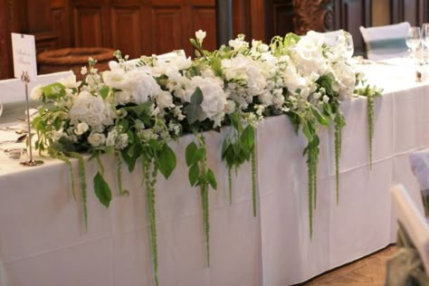 Key inspiration for the decadent long and low flower arrangement for the ceremony table and top table Bridal Table Flowers, Top Table Flowers, Wedding Top Table, Modern Wedding Flowers, Beautiful Wedding Flowers, Bridal Table, Church Flowers, Wedding Table Flowers, Wedding Flower Girl