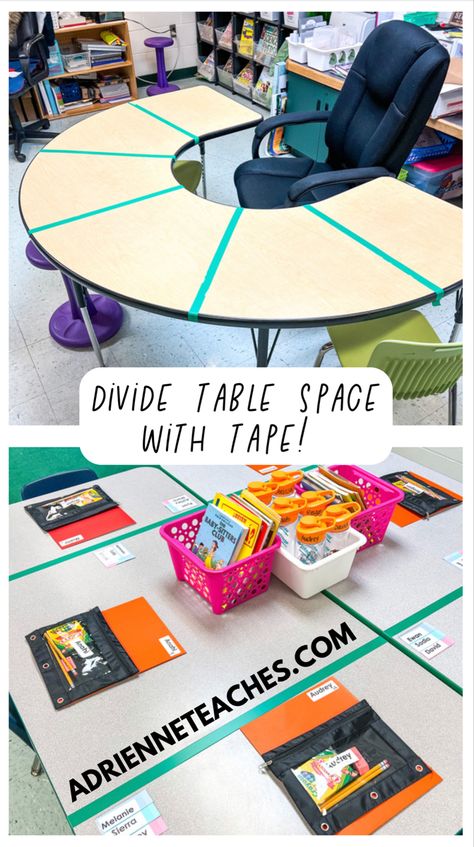 Small group table divided into sections using tape Diy Desk Dividers Classroom, Small Group Table Organization, Student Table Organization, Classroom Table Organization, Small Group Organization, Small Group Table, Classroom Structure, 2024 Classroom, Positive Classroom Management