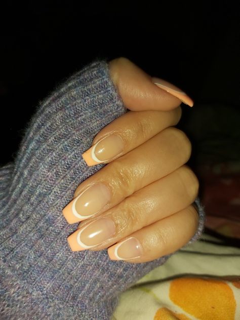 Peachy French Tip Nails, Peach And White French Tip Nails, Peach Nail French Tips, Peach French Tips, Peach French Tip Nails, Peach Fuzz Nails Design, Peach Nails, French Tip Nails, Fire Nails