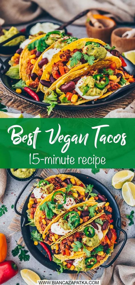 This Best Mexican Street Tacos Recipe with vegan ground beef, beans, corn and taco shells is quick and easy to make, delicious and healthy! #taco #tacos #tortillas #mexicanfood #easyrecipes #recipes #veganrecipes #vegetarian #food #vegan #healthyrecipes | biancazapatka.com Vegan Carne Asada Tacos, Vegan Crunchy Tacos, Corn Shell Tacos, Vegan Street Tacos, Traditional Tacos, Mexican Street Tacos, Street Tacos Recipe, Taco Shell Recipe, Vegan Tacos Recipes