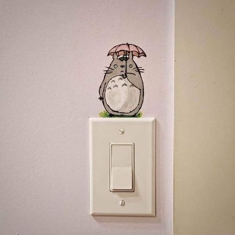 Totoro Diy Decoration, Anime Wall Painting Bedroom, Light Switch Art Ideas, Bedroom Mural Ideas Aesthetic, Totoro Bedroom Ideas, Ghibli Diy Decor, Room Murals Aesthetic, Cool Wall Paintings, Door Art Bedroom Aesthetic